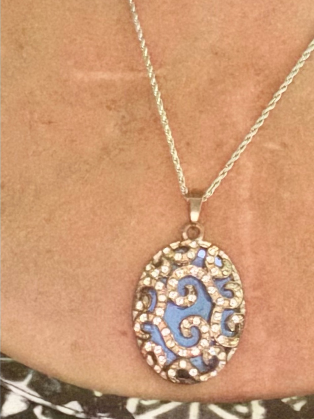 Silver-Tone Blue Filigree Oval Pendant Necklace